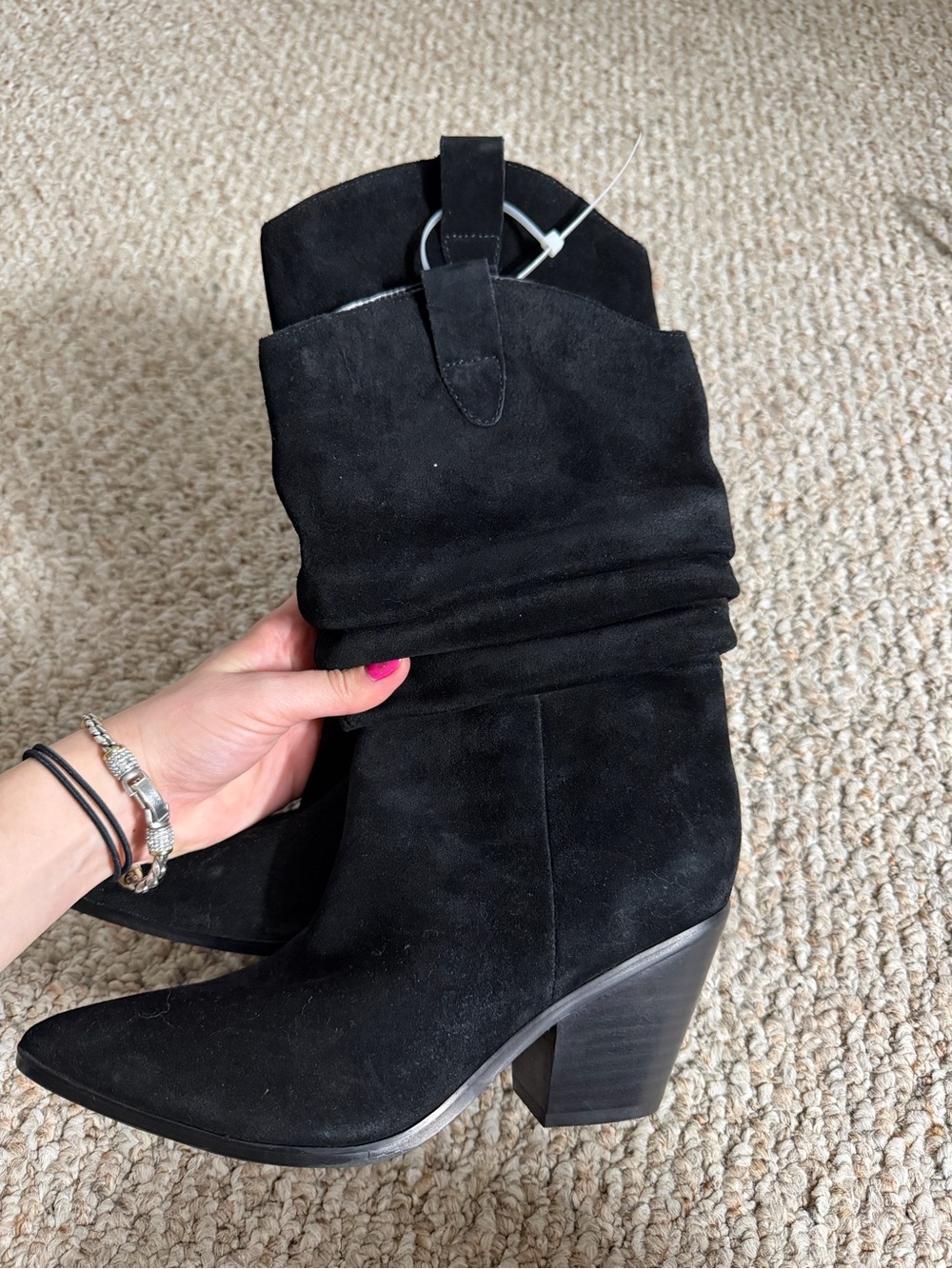 Marc Fisher Black Suede Slouchy Western Block Heel Boots